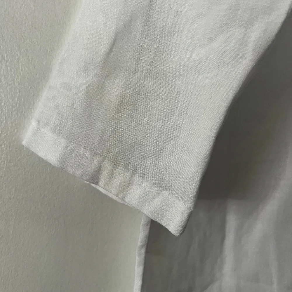 White Linen 3/4 Sleeve Boxy Blouse with Mandarin Collar - Picture 6 of 12